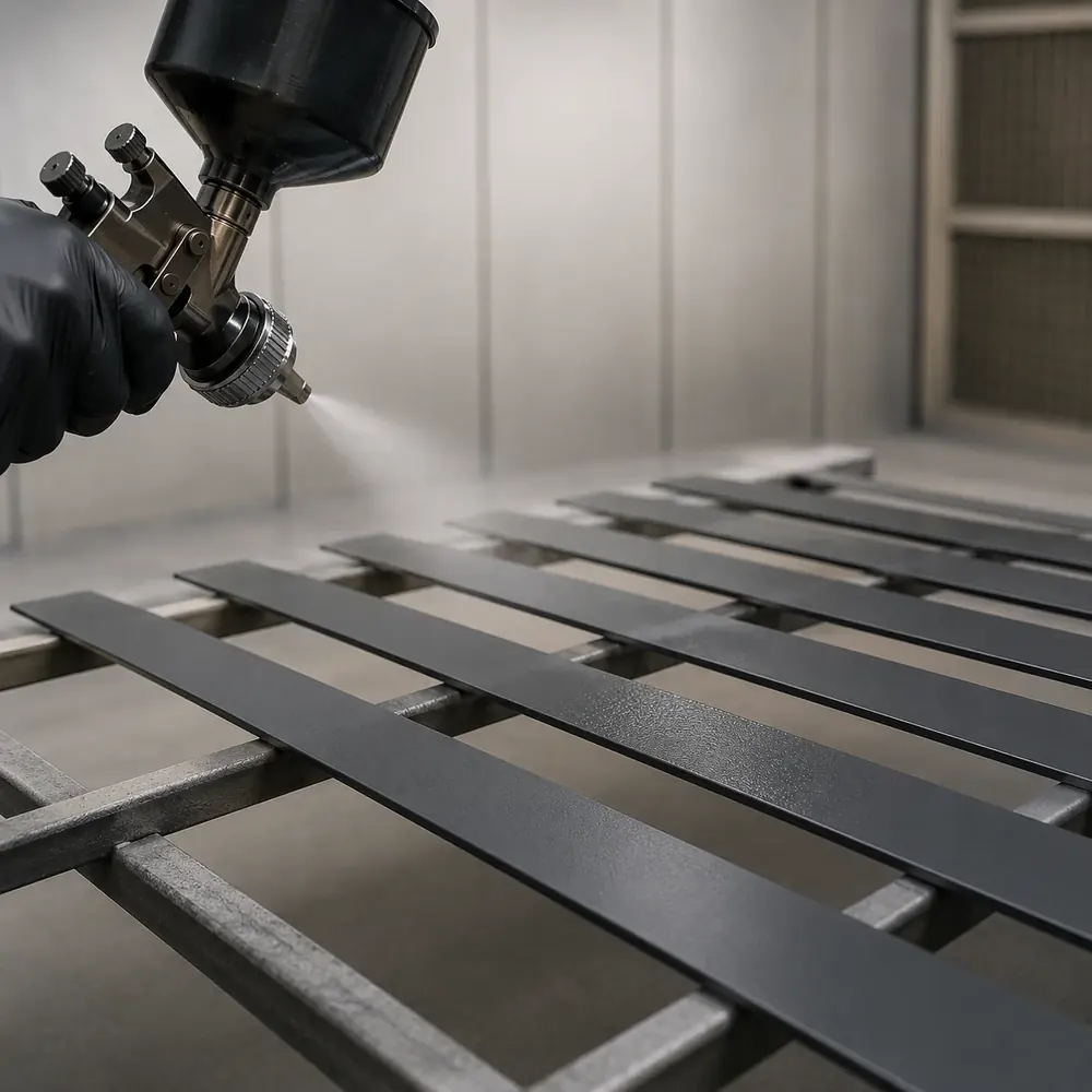 Cedar venetian blind slats being spray-painted in the Auckland factory