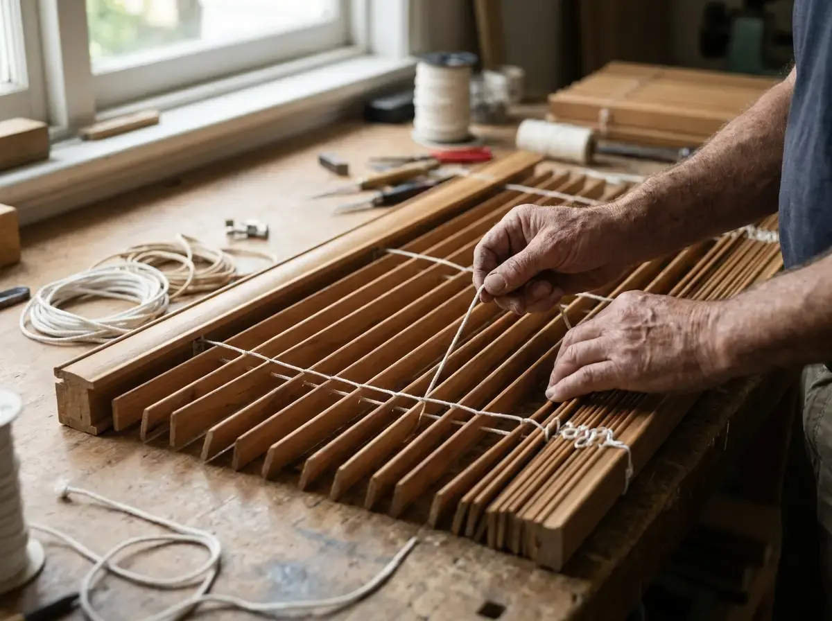 Craftsman restringing a cedar venetian blind on a workbench